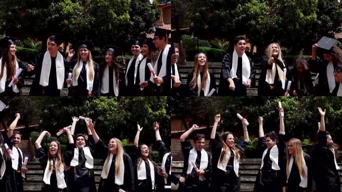 一群学生将毕业帽扔向空中，庆祝毕业典礼