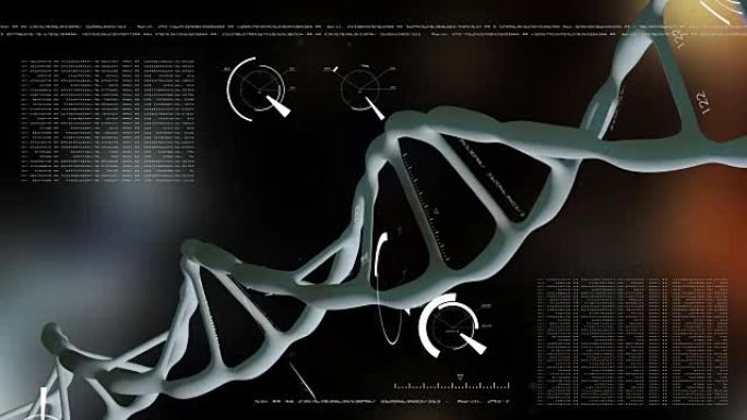 旋转蓝色DNA与配方和数据处理背景。基因工程科学概念。飞行粒子。现实背景。3D动画。