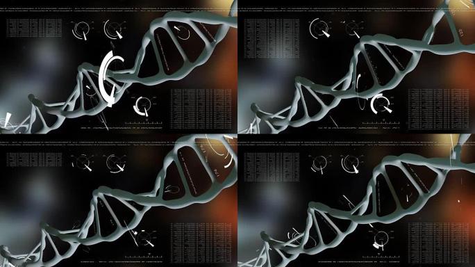 旋转蓝色DNA与配方和数据处理背景。基因工程科学概念。飞行粒子。现实背景。3D动画。