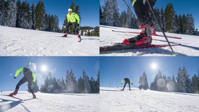 越野滑雪运动员滑板滑雪上坡