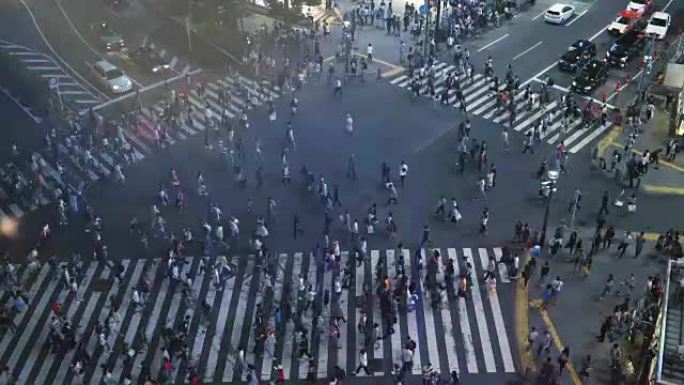著名的涩谷行人拥挤人行横道的高角度延时拍摄，人群横穿人行横道。晚上在大城市。