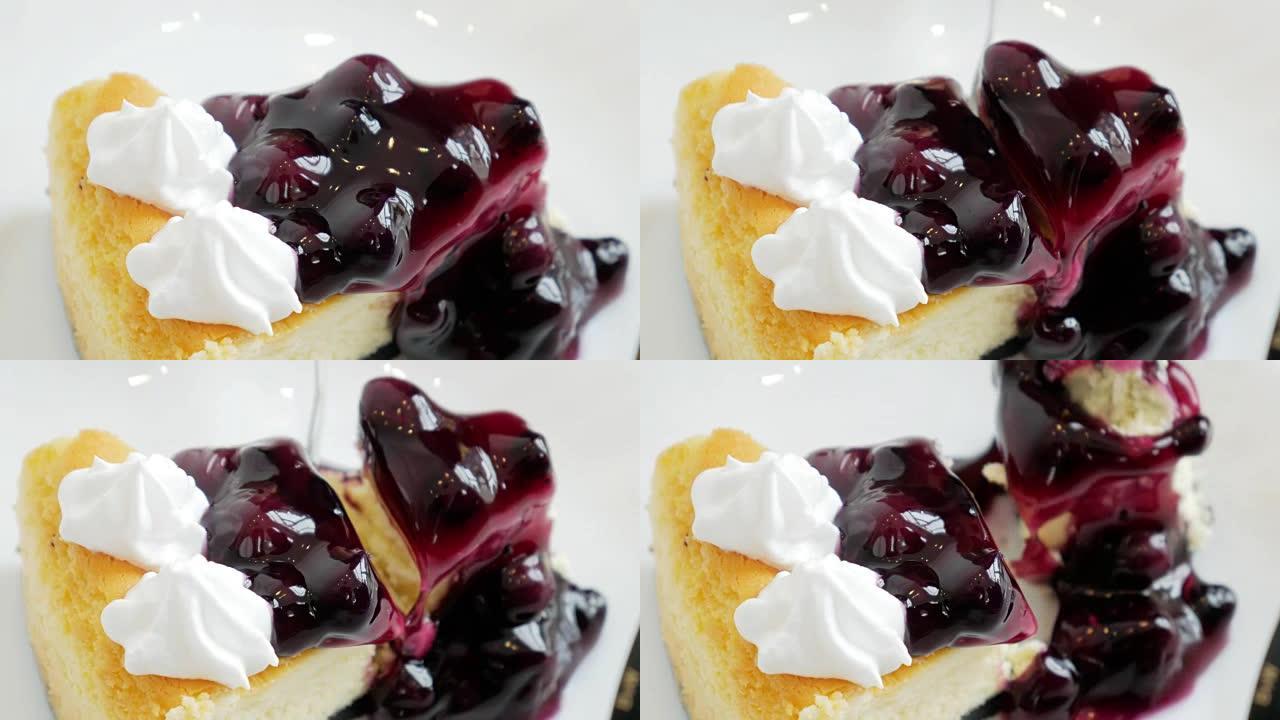 手工切蛋糕，蓝莓芝士馅饼