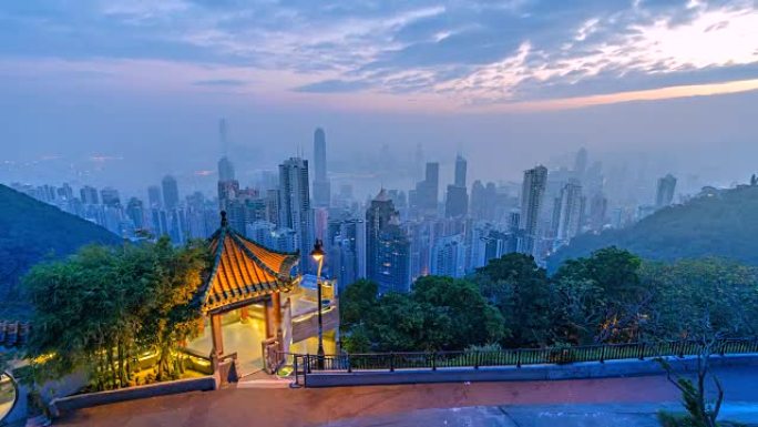 4K，维多利亚港早晨日出时间的香港城市景观