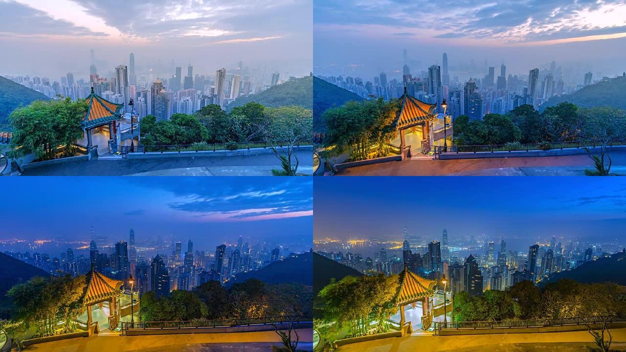 4K，维多利亚港早晨日出时间的香港城市景观