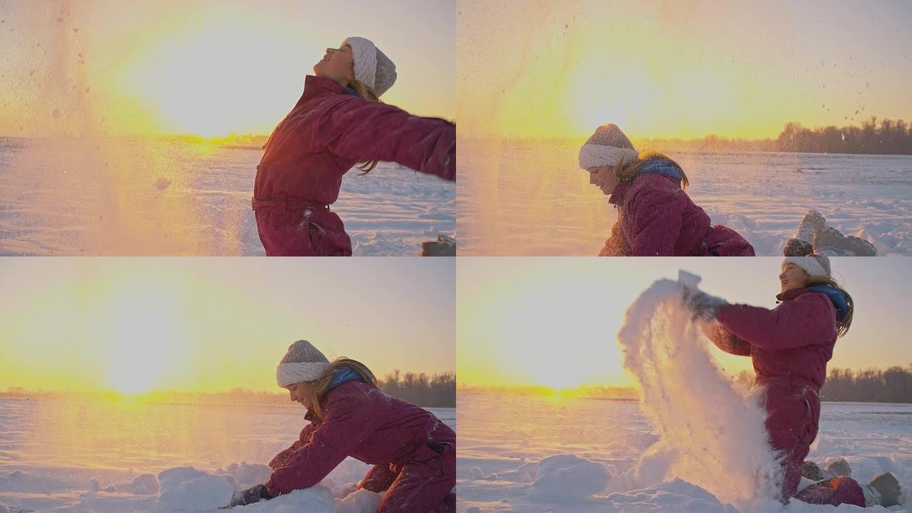 SLO MO快乐的女孩玩雪