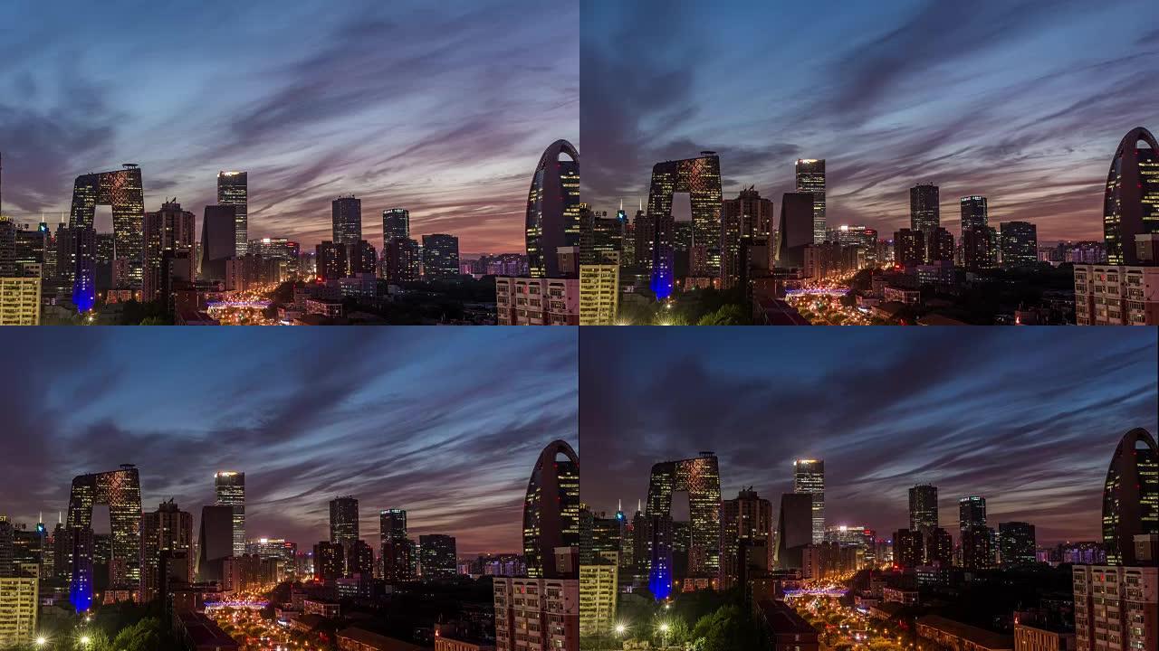延时-北京天际线高架视图，黄昏到夜晚的过渡 (WS平移)