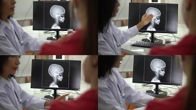 拉丁女医生拿着病人的x光。她正在对年轻的拉丁女性患者进行运动检查