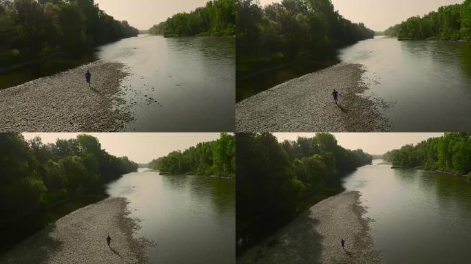 早上在河边进行空中慢跑