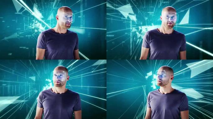 在数字隧道中戴着全息虚拟现实眼镜的人。探索虚拟现实
