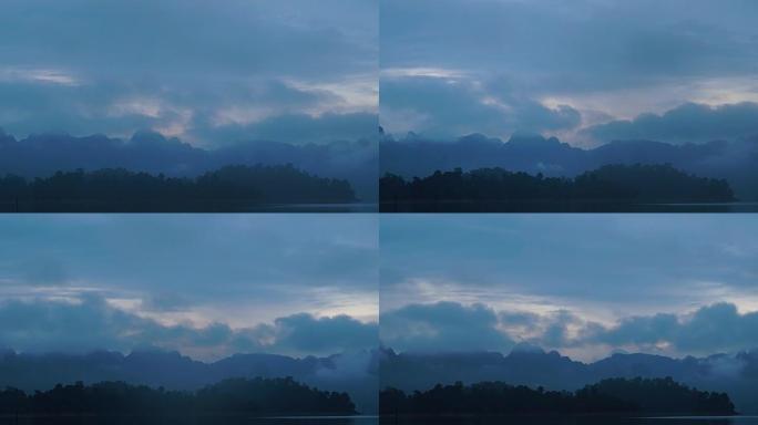 早晨，泰国苏拉塔尼市Chiew Lan大坝的薄雾和湖泊的4k时光倒流。