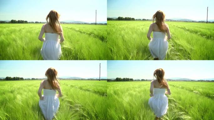 年轻的女人穿着白色的衣服跑过绿色的麦田