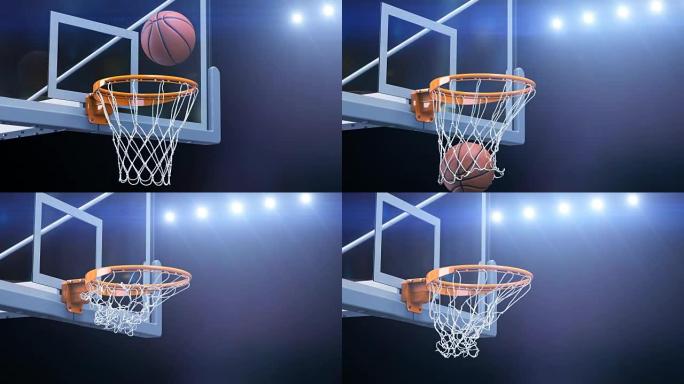 美丽的篮球球击中篮网慢动作特写镜头飞行。球飞成带有蓝色体育场灯的篮球架。运动概念3d动画