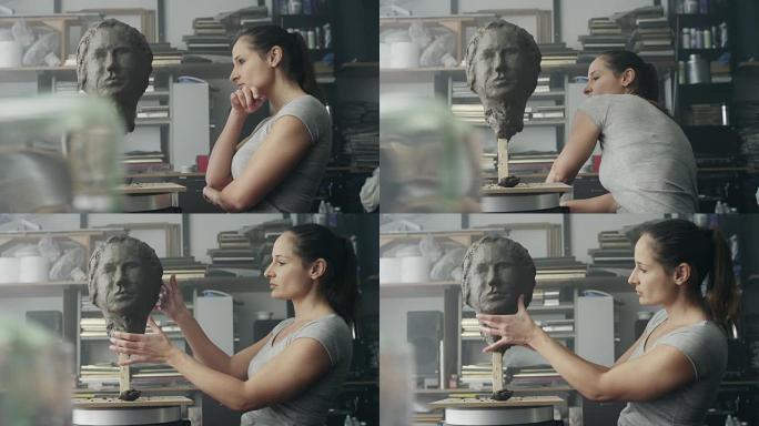 女艺术家雕刻脸视频素材