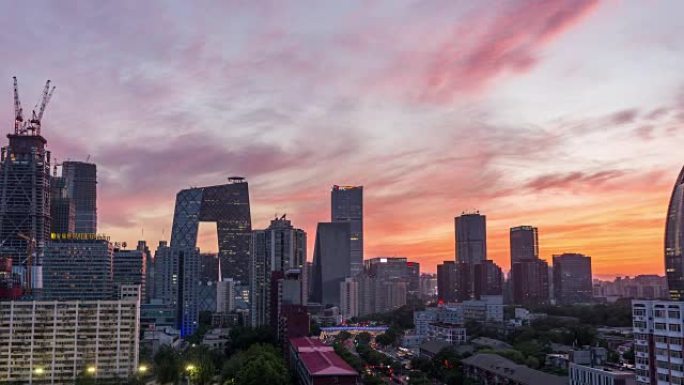 延时-北京天际线高架视图，白天到黄昏的过渡 (LR Pan)