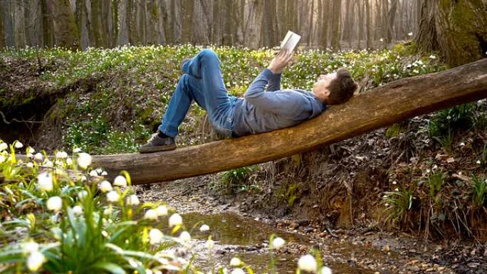 DS男子在春天的森林里看书