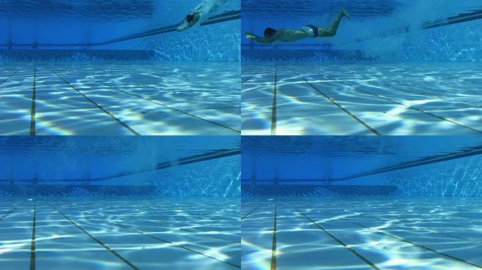 高清水下：男子跳进游泳池