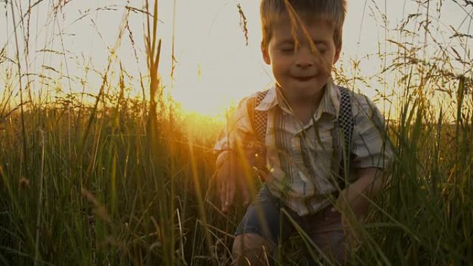 SLO MO男孩在草地上玩得开心