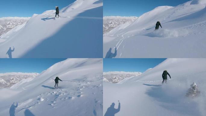 以下是: 女性滑雪者在寒冷的阿尔卑斯山雕刻新鲜的粉末雪。