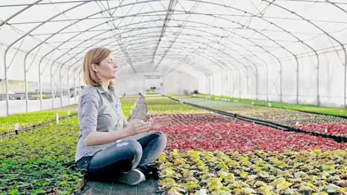 SLO MO DS女人在温室中的花卉植物中冥想