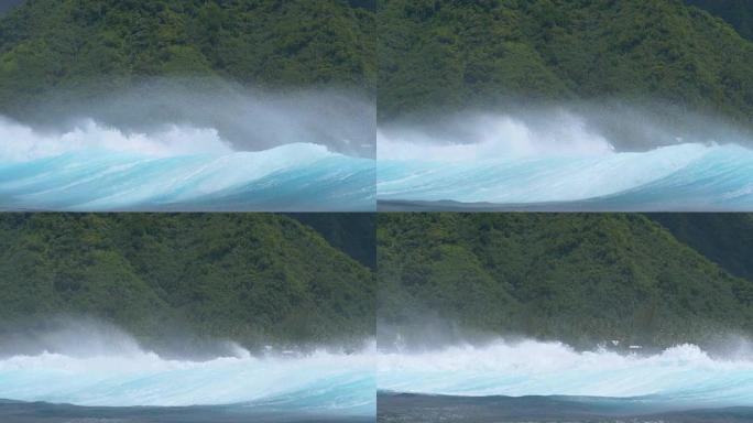 慢动作: 离岸风在异国岛屿附近产生巨大的破浪。