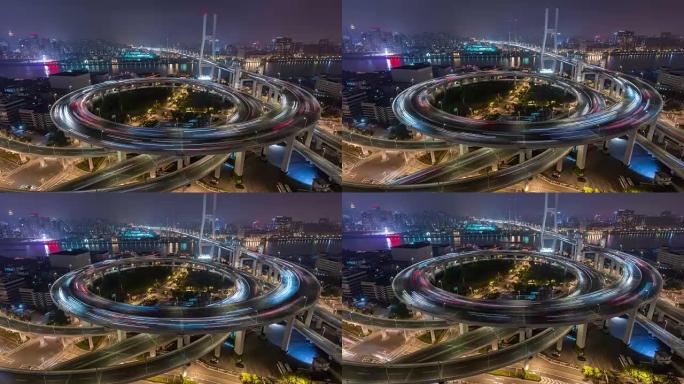 延时 -- 上海夜间繁忙立交桥的鸟瞰图，南浦大桥 (WS平移)