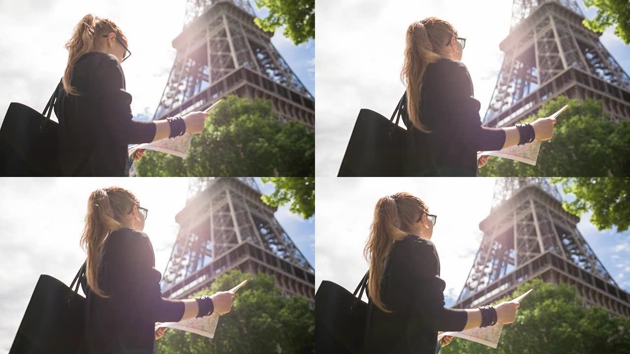在阳光明媚的日子里，女人在巴黎的街道上漫步时欣赏埃菲尔铁塔
