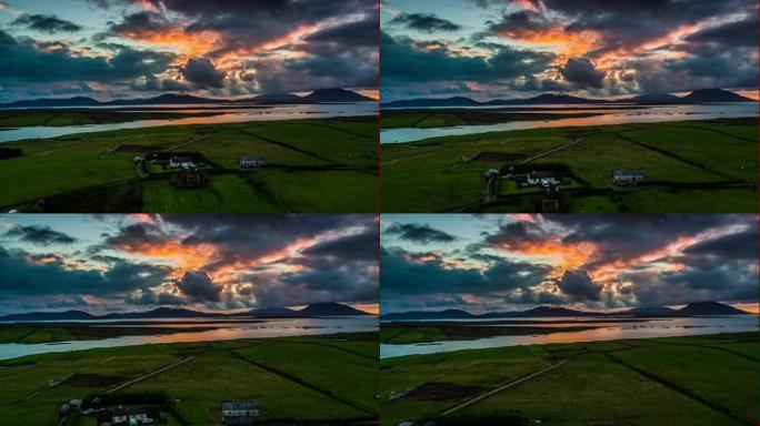 日落天空下爱尔兰景观的空中