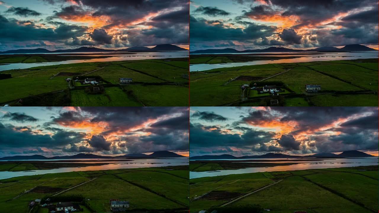 日落天空下爱尔兰景观的空中