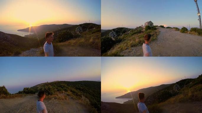 日落时在维斯岛上自拍的POV男子