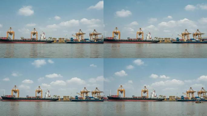 4K(UHD) 集装箱船在贸易港口码头工作的时间流逝