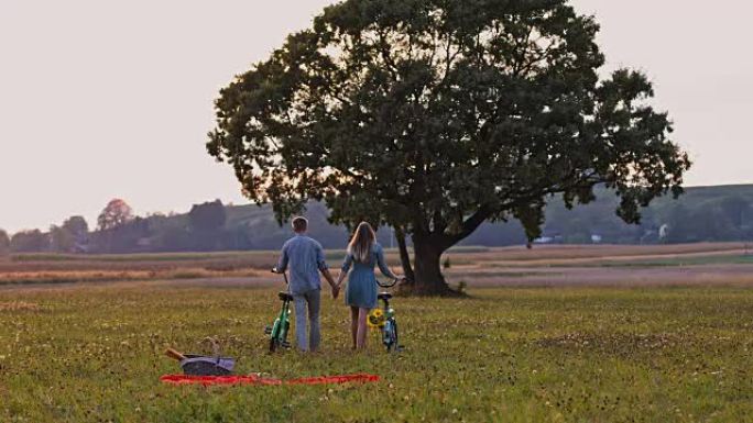 DS年轻夫妇带着自行车离开野餐地点