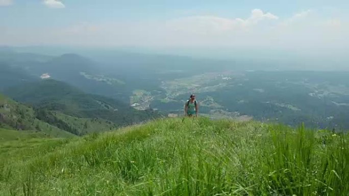 空中: 活跃的女孩和她的狗爬上俯瞰绿色山谷的草山