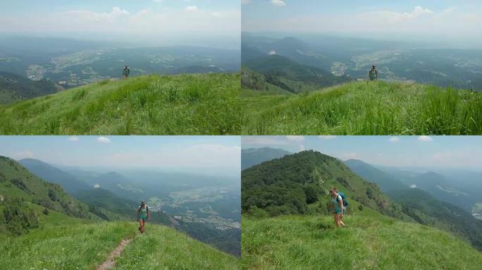空中: 活跃的女孩和她的狗爬上俯瞰绿色山谷的草山
