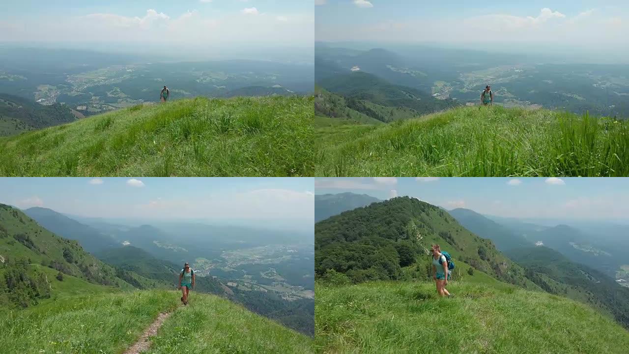 空中: 活跃的女孩和她的狗爬上俯瞰绿色山谷的草山