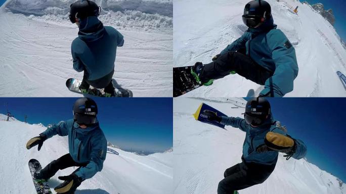 SLO MO滑雪者用头盔上的相机跳过踢脚板