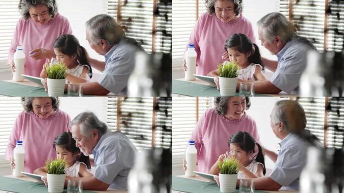 泰国家庭在家: 祖父母教小女孩平板电脑和喝牛奶以保持健康