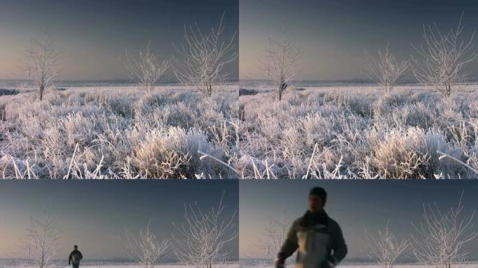 NTSC：慢跑标清视频冬季跑步草上的霜雪