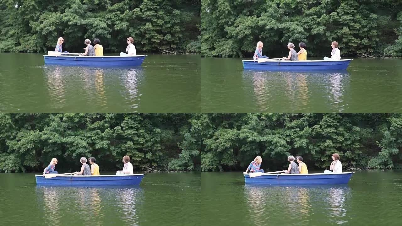 女人在湖里乘船旅行时说话
