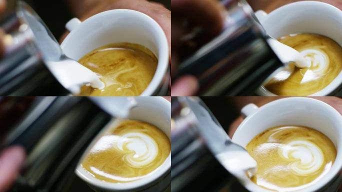 调酒师用新鲜牛奶制作艺术作品，用意大利浓缩咖啡制成意大利卡布奇诺咖啡。