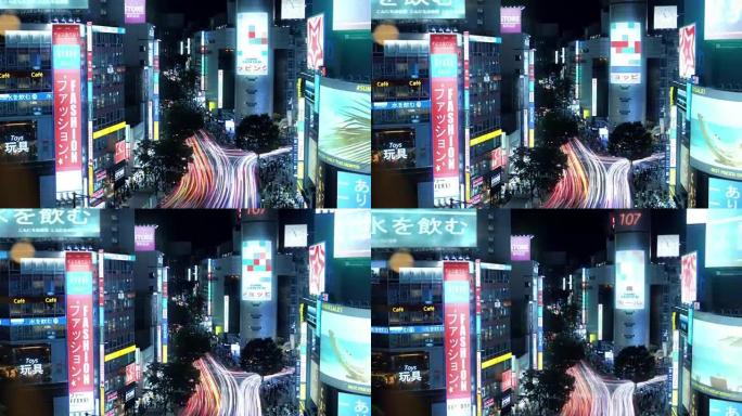 东京的高角度延时拍摄，大城市中心有摩天大楼，发光的广告广告牌，繁忙的交通和夜间人群。