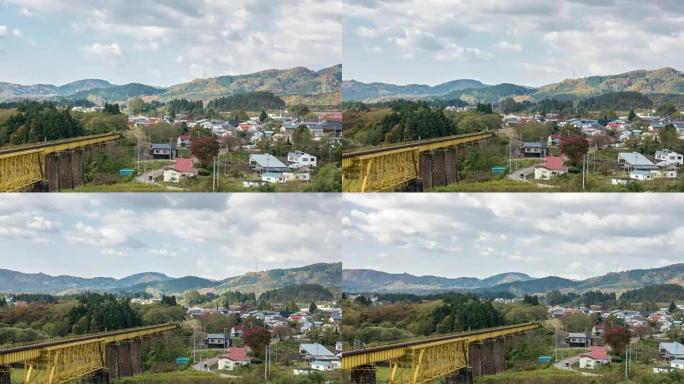延时: 日本福岛大和北田，带秋天红叶景观的黄桥