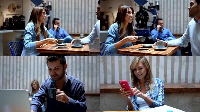 情侣约会的快进过渡，单身人士喜欢喝咖啡聊天，看着他们的智能手机非常开心