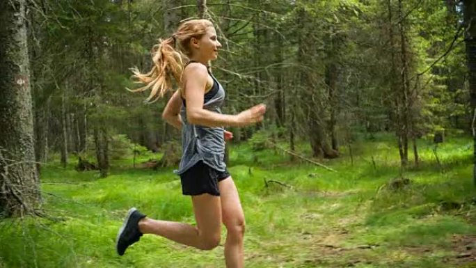 微笑的女跑步者在美丽的一天在茂密的绿色森林中慢跑