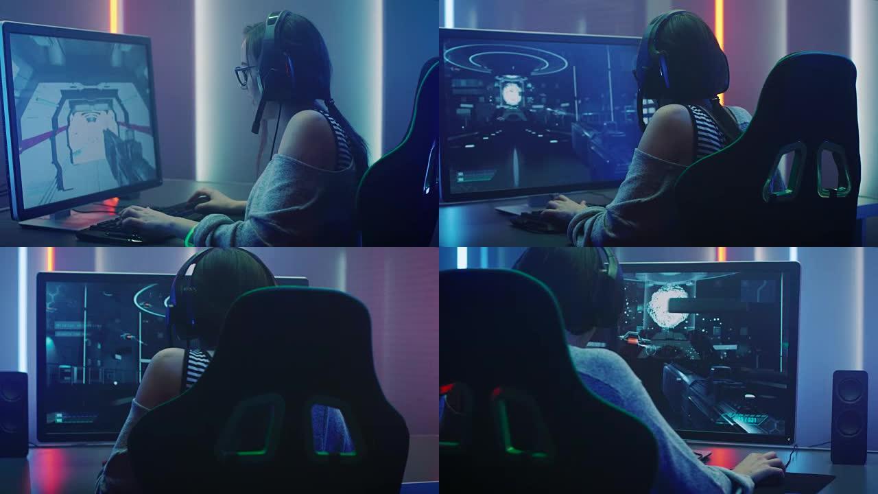 美丽的职业玩家女孩在她的个人电脑上玩第一人称射击在线视频游戏。休闲可爱的极客戴着眼镜，对着耳机麦克风