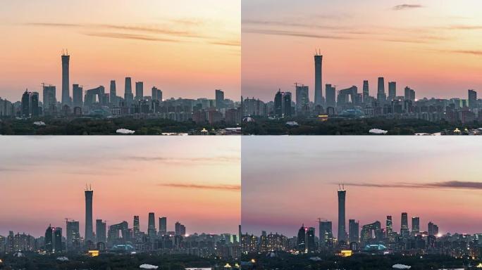 T/L PAN高架视图北京天际线，从白天到晚上/北京，中国