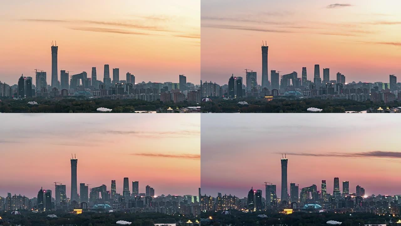 T/L PAN高架视图北京天际线，从白天到晚上/北京，中国
