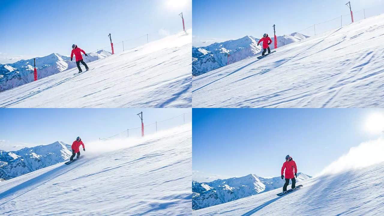 滑雪者在一个完美的阳光明媚的冬日里骑着田园诗般的山地滑雪胜地滑雪道