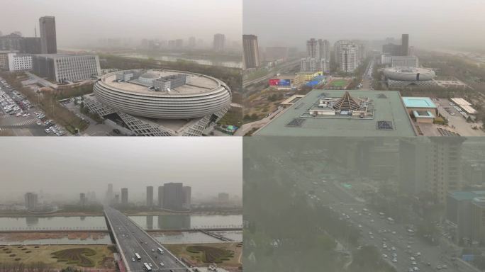 【4k】城市沙尘雾霾扬沙天气航拍