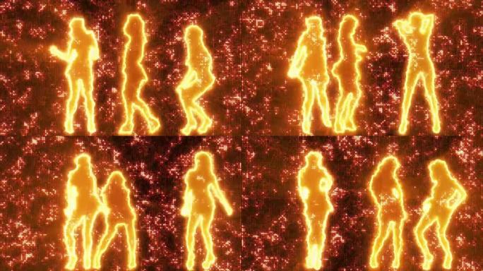 三个性感的女孩在迪斯科背景橙色剪影跳舞