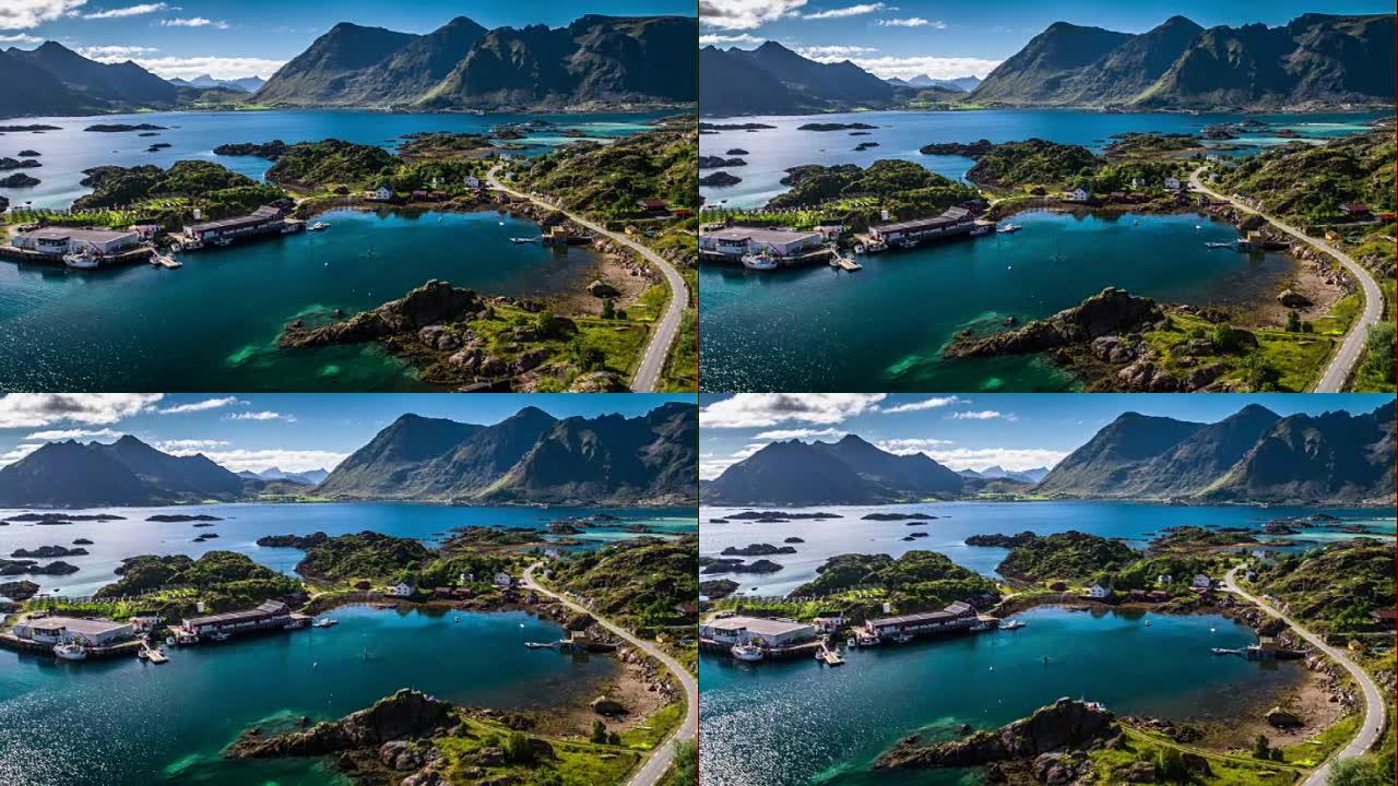 挪威田园诗般的罗弗滕群岛海岸线鸟瞰图